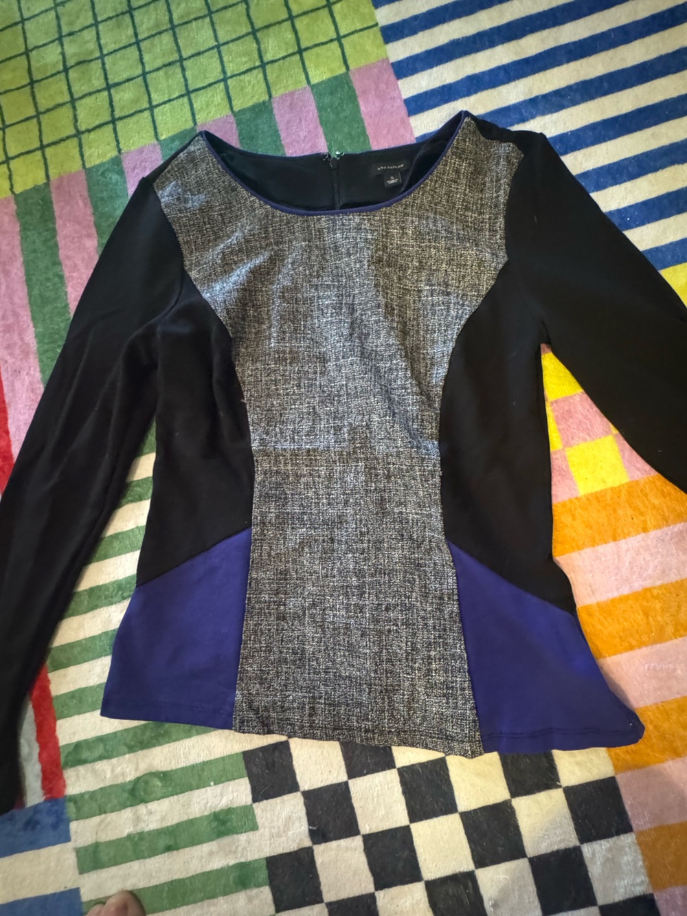 Ann Taylor Black, Gray & Blue Colorblock Tweed Jacket